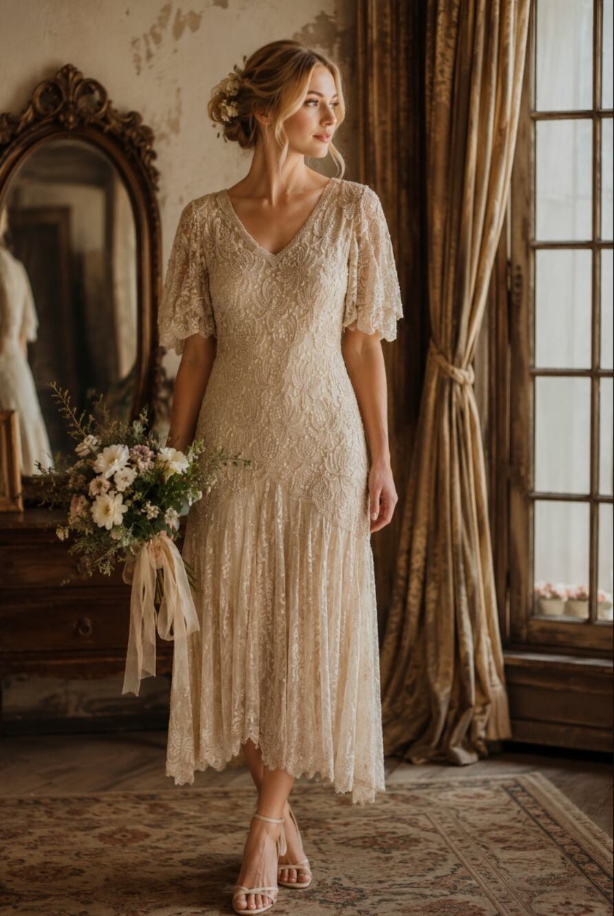 Vintage Judith Ann Lace Beaded Wedding Dress Women’s Sz M Faux Pearl Boho Lace
